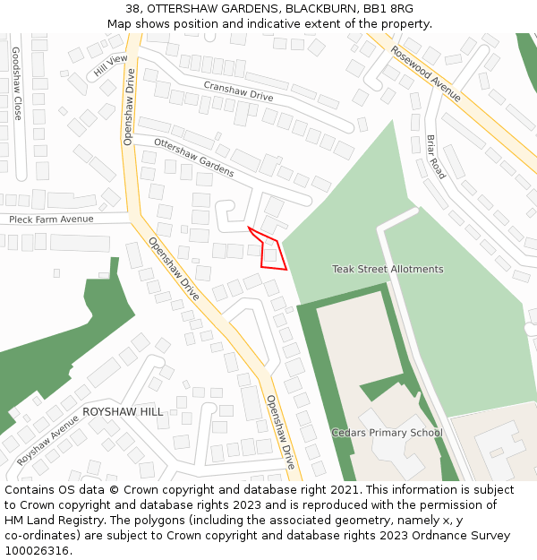 38, OTTERSHAW GARDENS, BLACKBURN, BB1 8RG: Location map and indicative extent of plot