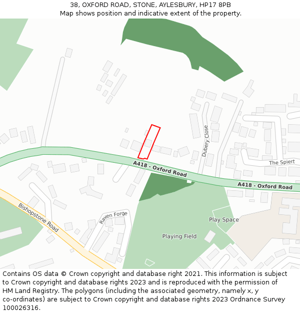 38, OXFORD ROAD, STONE, AYLESBURY, HP17 8PB: Location map and indicative extent of plot