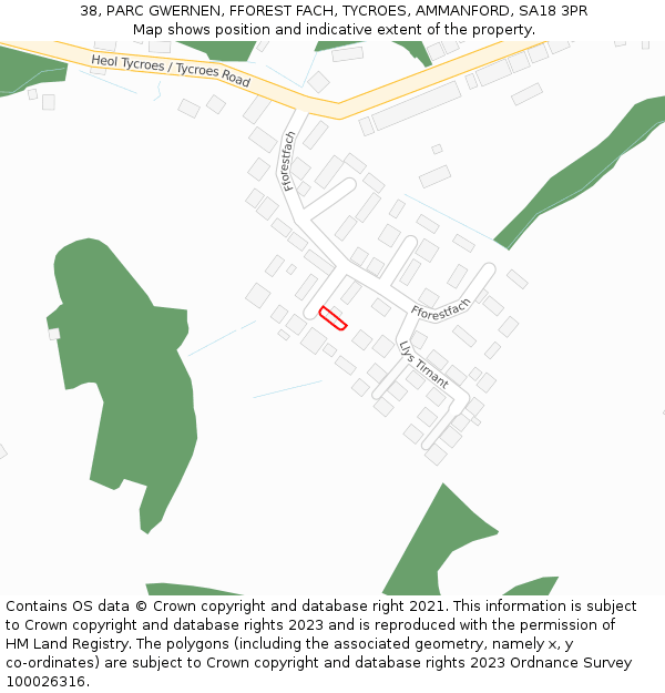 38, PARC GWERNEN, FFOREST FACH, TYCROES, AMMANFORD, SA18 3PR: Location map and indicative extent of plot
