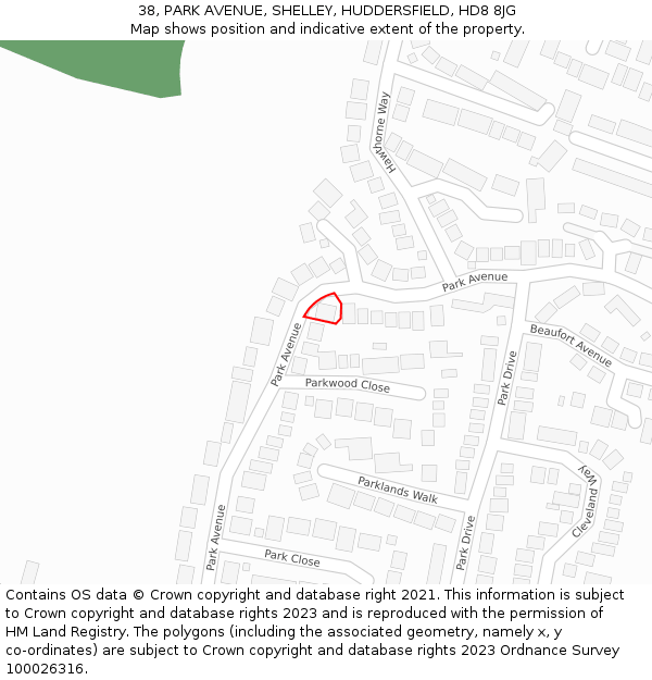 38, PARK AVENUE, SHELLEY, HUDDERSFIELD, HD8 8JG: Location map and indicative extent of plot