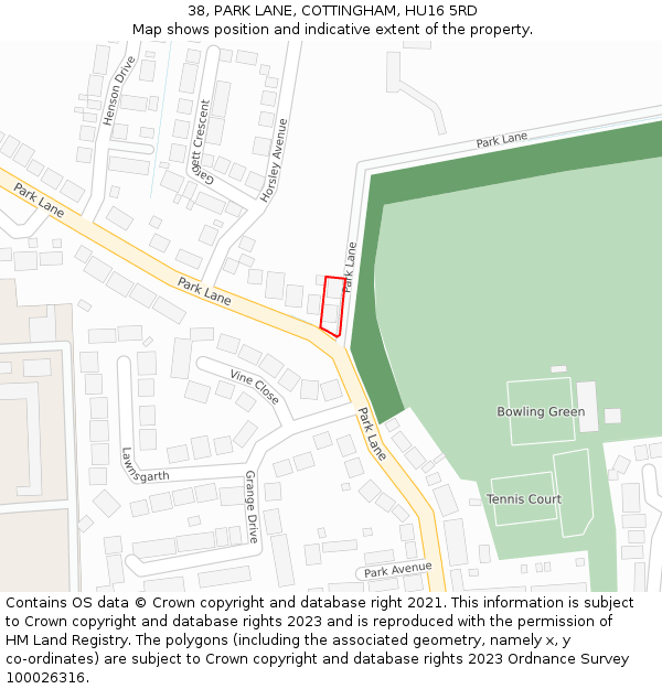 38, PARK LANE, COTTINGHAM, HU16 5RD: Location map and indicative extent of plot