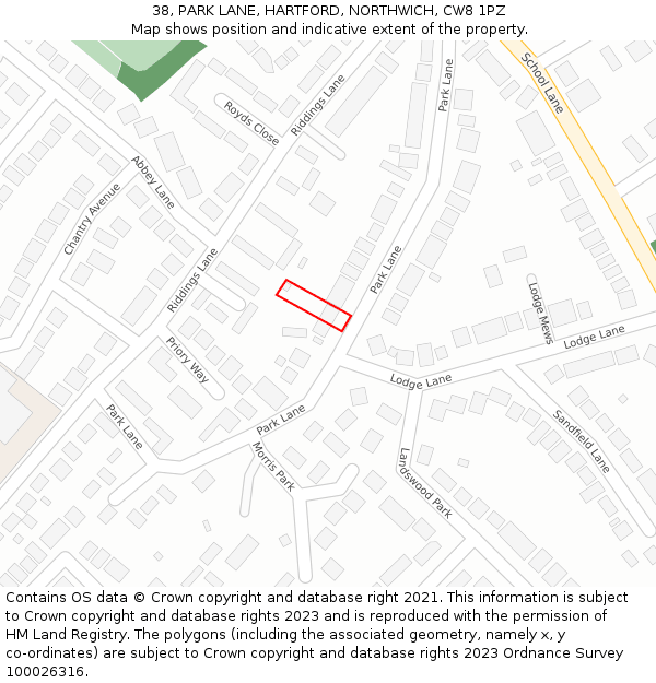 38, PARK LANE, HARTFORD, NORTHWICH, CW8 1PZ: Location map and indicative extent of plot