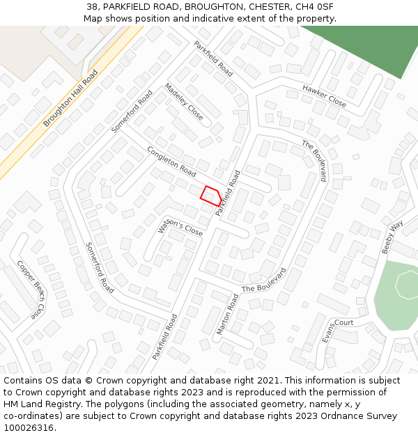 38, PARKFIELD ROAD, BROUGHTON, CHESTER, CH4 0SF: Location map and indicative extent of plot