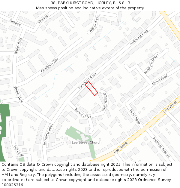 38, PARKHURST ROAD, HORLEY, RH6 8HB: Location map and indicative extent of plot