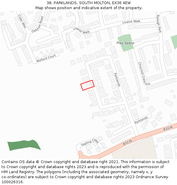 38, PARKLANDS, SOUTH MOLTON, EX36 4EW: Location map and indicative extent of plot