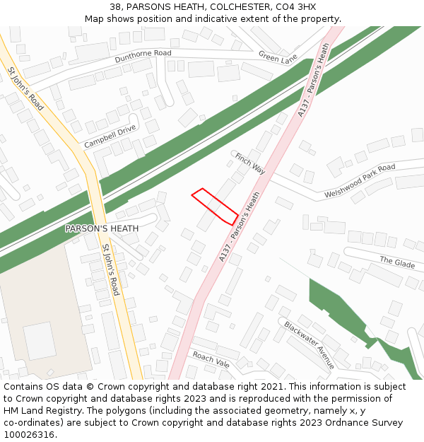 38, PARSONS HEATH, COLCHESTER, CO4 3HX: Location map and indicative extent of plot