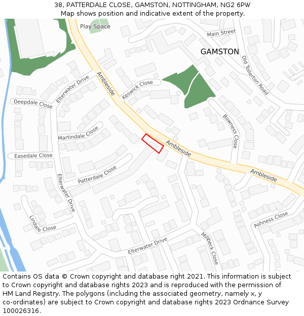 38, PATTERDALE CLOSE, GAMSTON, NOTTINGHAM, NG2 6PW: Location map and indicative extent of plot