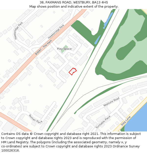 38, PAXMANS ROAD, WESTBURY, BA13 4HS: Location map and indicative extent of plot