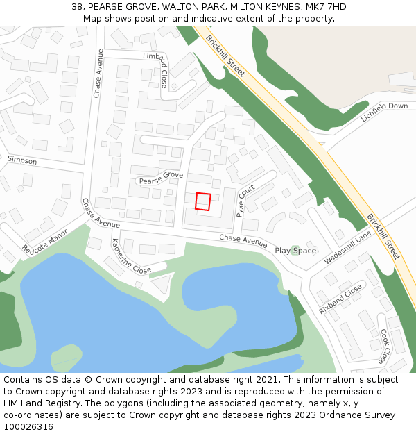 38, PEARSE GROVE, WALTON PARK, MILTON KEYNES, MK7 7HD: Location map and indicative extent of plot