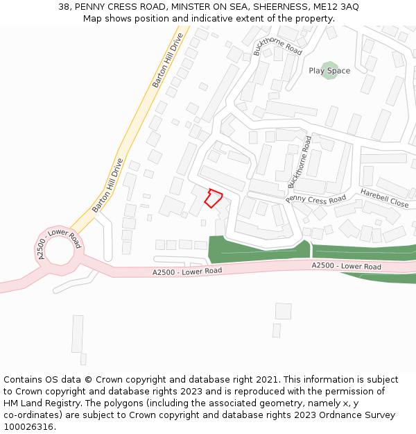 38, PENNY CRESS ROAD, MINSTER ON SEA, SHEERNESS, ME12 3AQ: Location map and indicative extent of plot