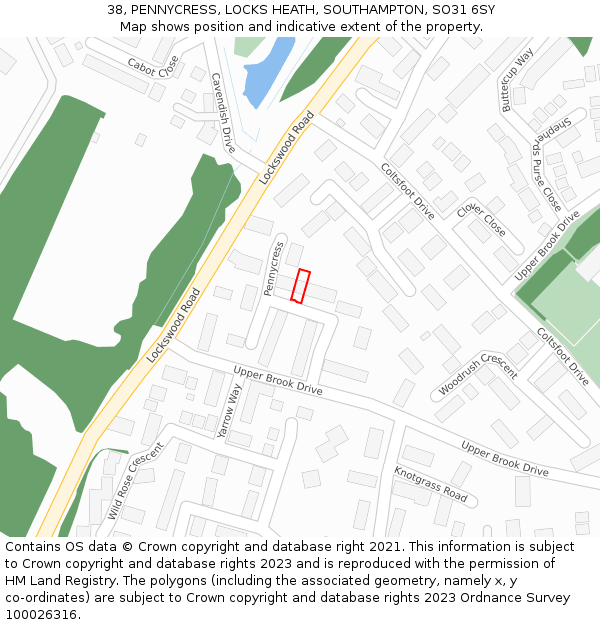 38, PENNYCRESS, LOCKS HEATH, SOUTHAMPTON, SO31 6SY: Location map and indicative extent of plot