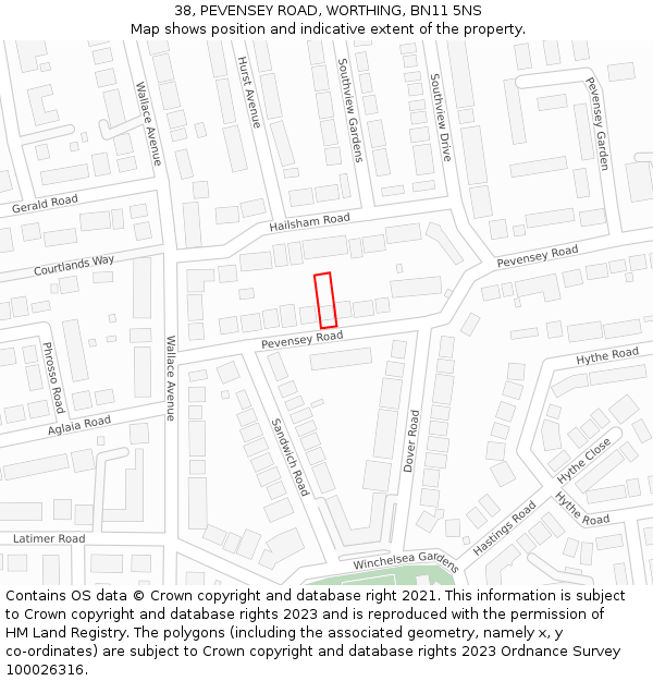 38, PEVENSEY ROAD, WORTHING, BN11 5NS: Location map and indicative extent of plot