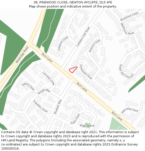 38, PINEWOOD CLOSE, NEWTON AYCLIFFE, DL5 4FE: Location map and indicative extent of plot