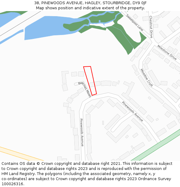 38, PINEWOODS AVENUE, HAGLEY, STOURBRIDGE, DY9 0JF: Location map and indicative extent of plot