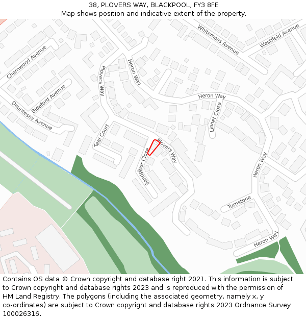 38, PLOVERS WAY, BLACKPOOL, FY3 8FE: Location map and indicative extent of plot