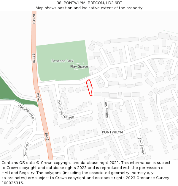 38, PONTWILYM, BRECON, LD3 9BT: Location map and indicative extent of plot