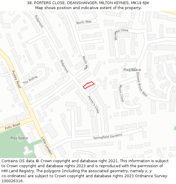 38, PORTERS CLOSE, DEANSHANGER, MILTON KEYNES, MK19 6JW: Location map and indicative extent of plot