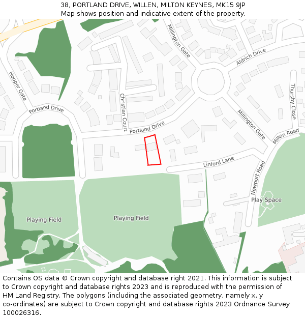 38, PORTLAND DRIVE, WILLEN, MILTON KEYNES, MK15 9JP: Location map and indicative extent of plot