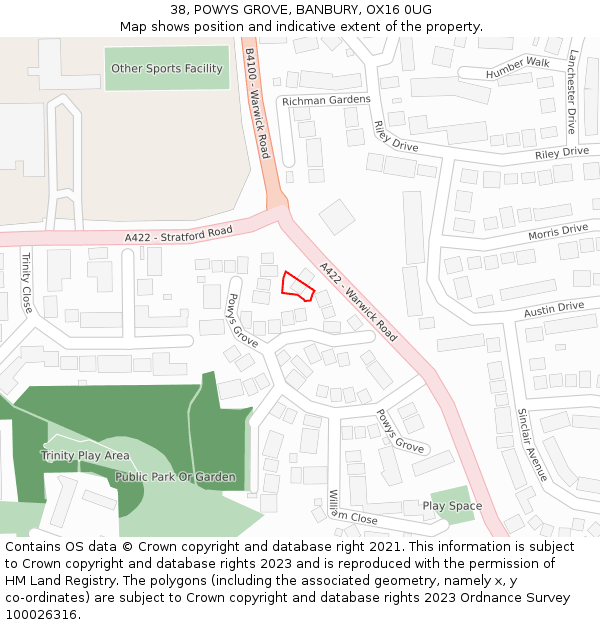 38, POWYS GROVE, BANBURY, OX16 0UG: Location map and indicative extent of plot