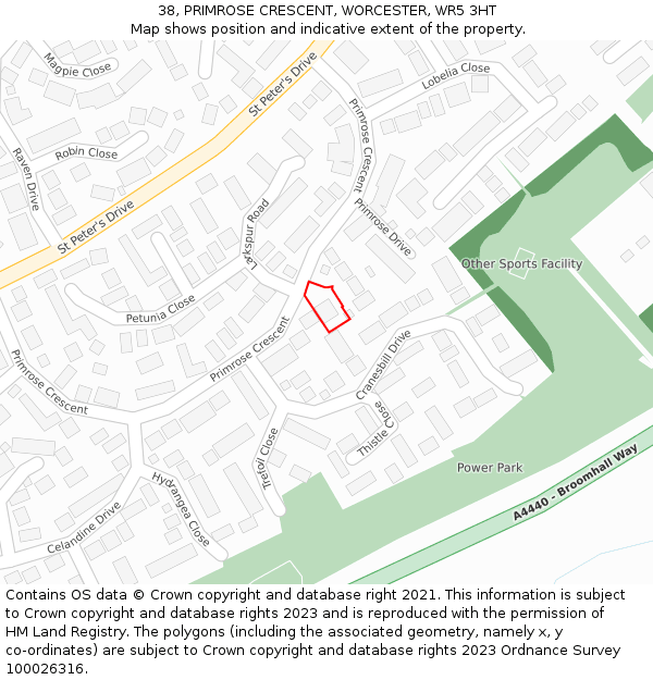 38, PRIMROSE CRESCENT, WORCESTER, WR5 3HT: Location map and indicative extent of plot
