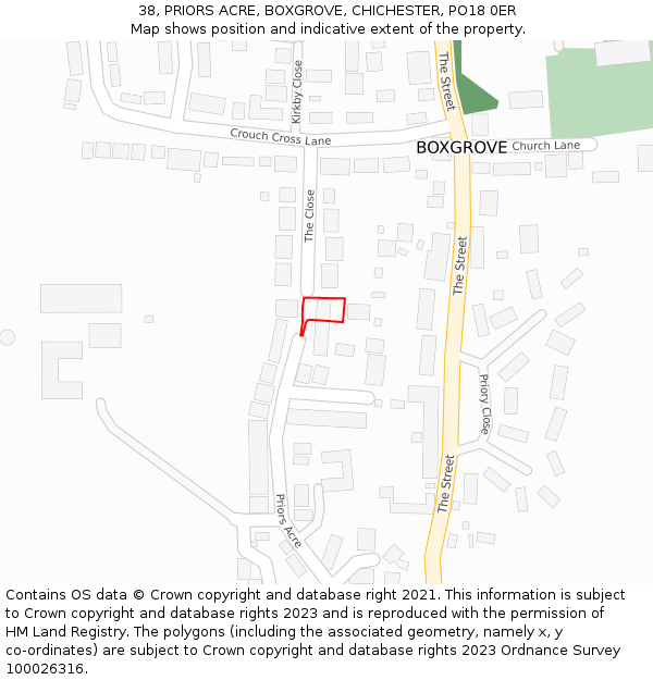 38, PRIORS ACRE, BOXGROVE, CHICHESTER, PO18 0ER: Location map and indicative extent of plot