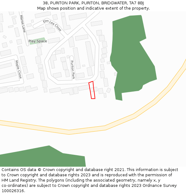 38, PURITON PARK, PURITON, BRIDGWATER, TA7 8BJ: Location map and indicative extent of plot