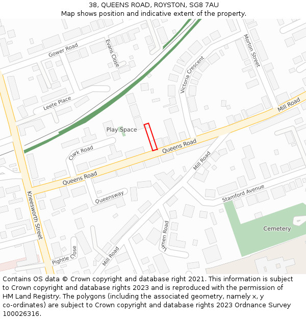 38, QUEENS ROAD, ROYSTON, SG8 7AU: Location map and indicative extent of plot