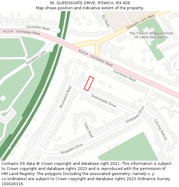 38, QUEENSGATE DRIVE, IPSWICH, IP4 4DE: Location map and indicative extent of plot