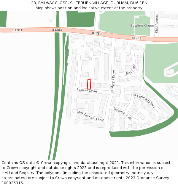 38, RAILWAY CLOSE, SHERBURN VILLAGE, DURHAM, DH6 1RN: Location map and indicative extent of plot