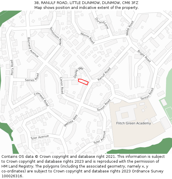 38, RANULF ROAD, LITTLE DUNMOW, DUNMOW, CM6 3FZ: Location map and indicative extent of plot