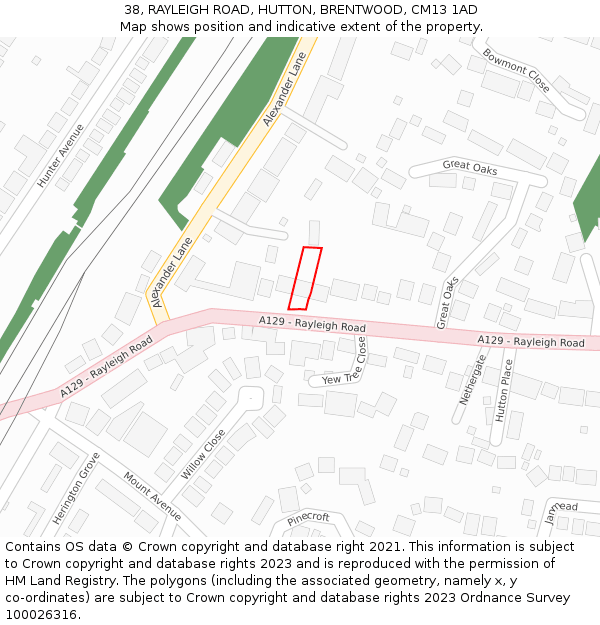 38, RAYLEIGH ROAD, HUTTON, BRENTWOOD, CM13 1AD: Location map and indicative extent of plot
