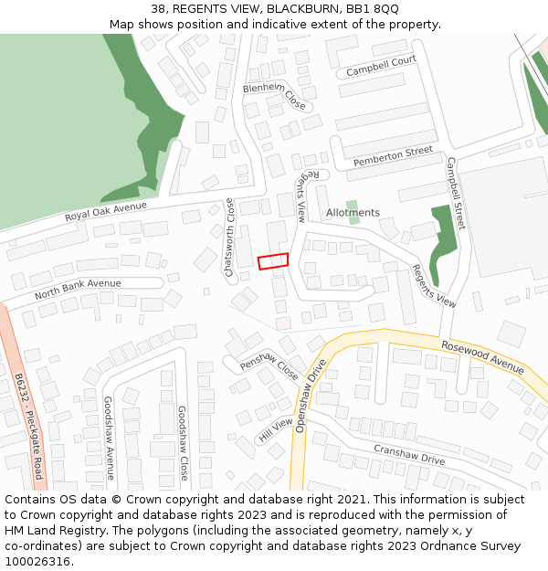 38, REGENTS VIEW, BLACKBURN, BB1 8QQ: Location map and indicative extent of plot