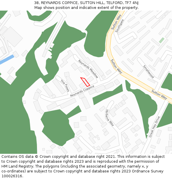38, REYNARDS COPPICE, SUTTON HILL, TELFORD, TF7 4NJ: Location map and indicative extent of plot