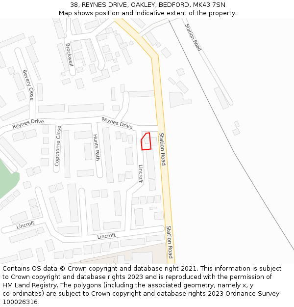 38, REYNES DRIVE, OAKLEY, BEDFORD, MK43 7SN: Location map and indicative extent of plot