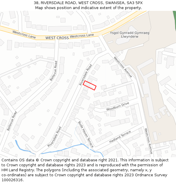 38, RIVERSDALE ROAD, WEST CROSS, SWANSEA, SA3 5PX: Location map and indicative extent of plot