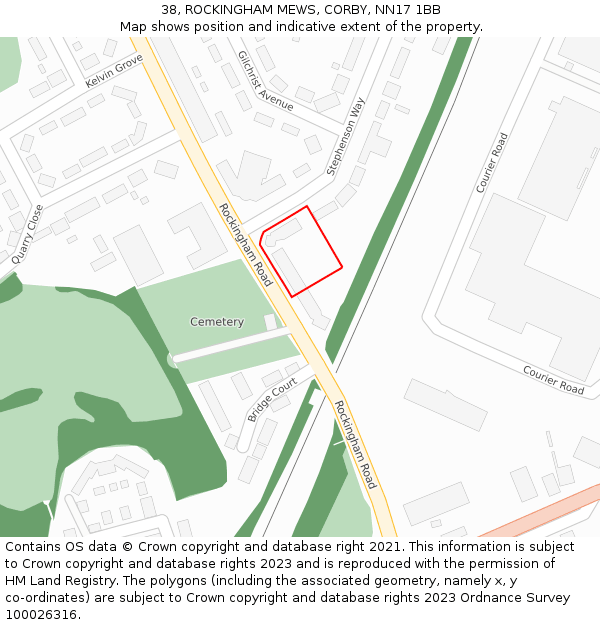 38, ROCKINGHAM MEWS, CORBY, NN17 1BB: Location map and indicative extent of plot