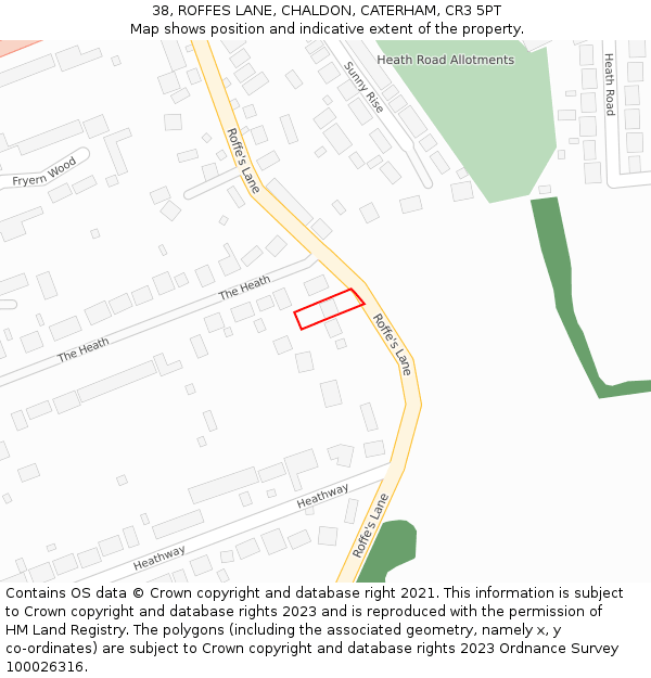 38, ROFFES LANE, CHALDON, CATERHAM, CR3 5PT: Location map and indicative extent of plot