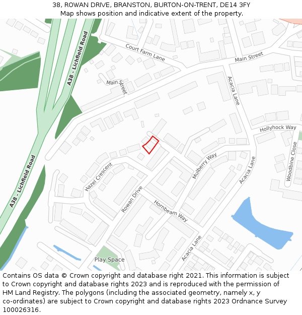 38, ROWAN DRIVE, BRANSTON, BURTON-ON-TRENT, DE14 3FY: Location map and indicative extent of plot