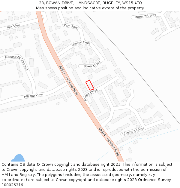 38, ROWAN DRIVE, HANDSACRE, RUGELEY, WS15 4TQ: Location map and indicative extent of plot