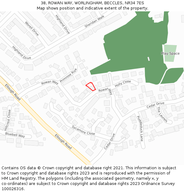 38, ROWAN WAY, WORLINGHAM, BECCLES, NR34 7ES: Location map and indicative extent of plot