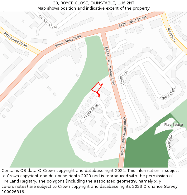 38, ROYCE CLOSE, DUNSTABLE, LU6 2NT: Location map and indicative extent of plot