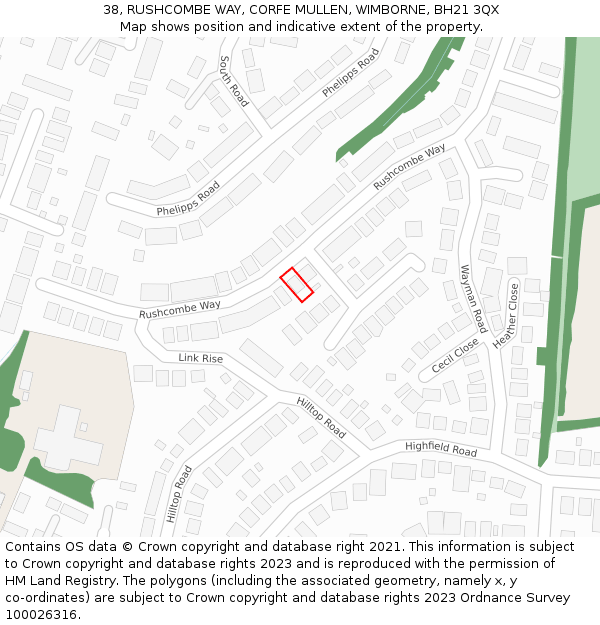 38, RUSHCOMBE WAY, CORFE MULLEN, WIMBORNE, BH21 3QX: Location map and indicative extent of plot