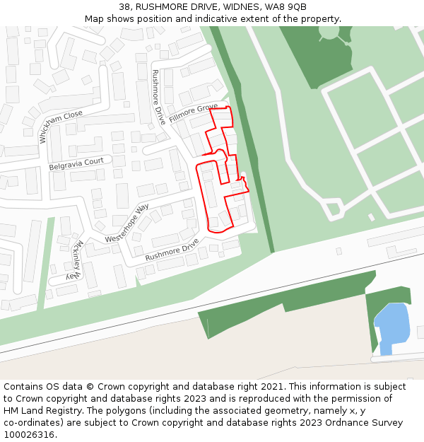 38, RUSHMORE DRIVE, WIDNES, WA8 9QB: Location map and indicative extent of plot