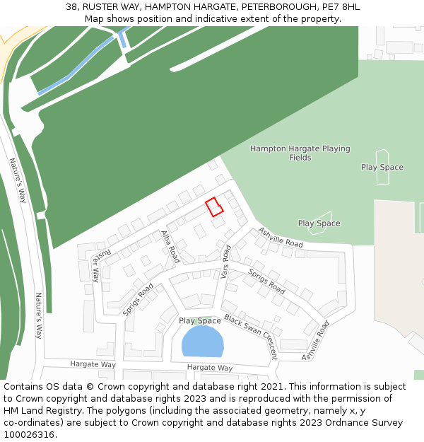 38, RUSTER WAY, HAMPTON HARGATE, PETERBOROUGH, PE7 8HL: Location map and indicative extent of plot