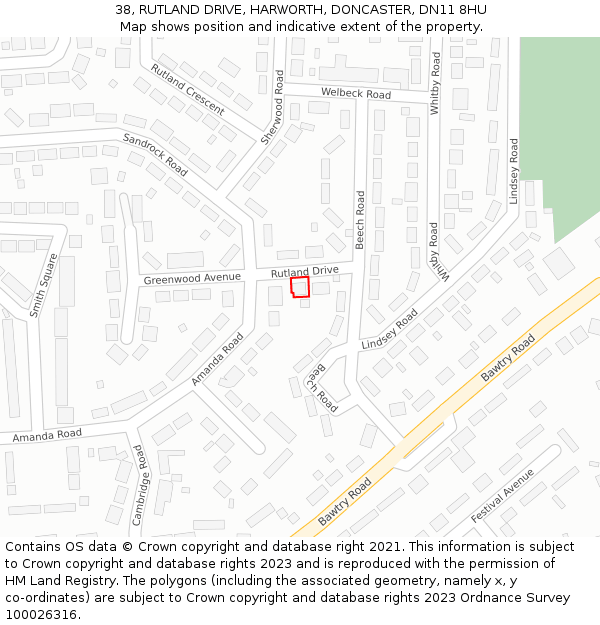 38, RUTLAND DRIVE, HARWORTH, DONCASTER, DN11 8HU: Location map and indicative extent of plot