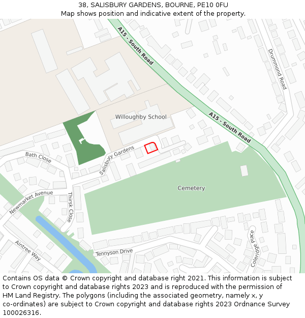 38, SALISBURY GARDENS, BOURNE, PE10 0FU: Location map and indicative extent of plot