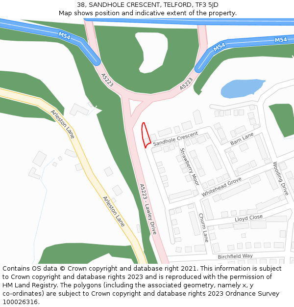 38, SANDHOLE CRESCENT, TELFORD, TF3 5JD: Location map and indicative extent of plot