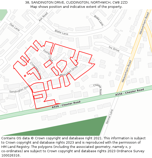 38, SANDINGTON DRIVE, CUDDINGTON, NORTHWICH, CW8 2ZD: Location map and indicative extent of plot