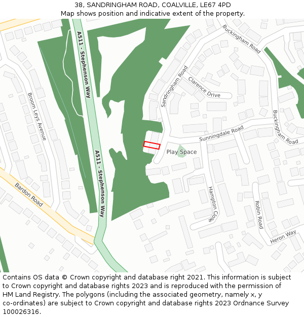38, SANDRINGHAM ROAD, COALVILLE, LE67 4PD: Location map and indicative extent of plot