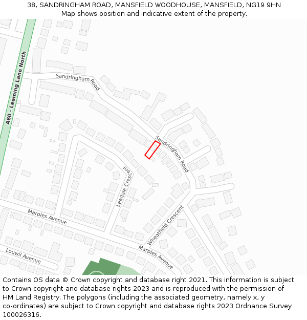 38, SANDRINGHAM ROAD, MANSFIELD WOODHOUSE, MANSFIELD, NG19 9HN: Location map and indicative extent of plot